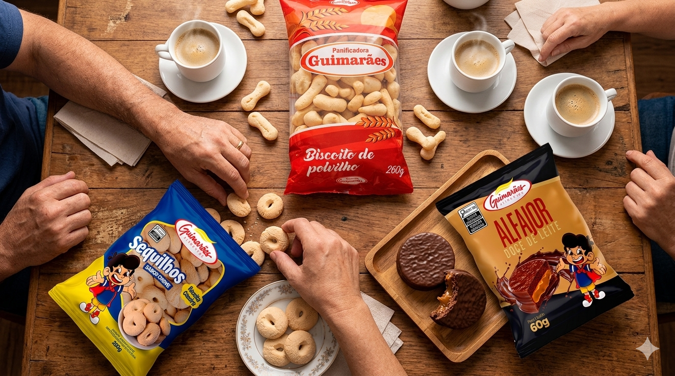 Embalagens Guimarães de biscoito de polvilho e alfajor sobre uma mesa